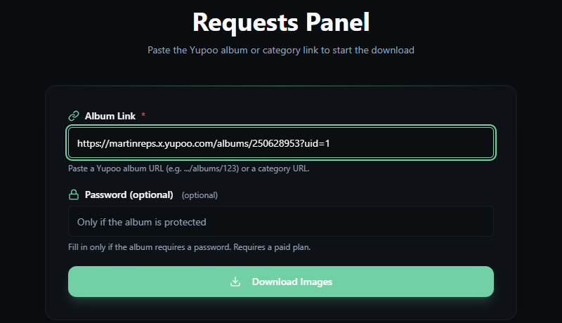 Pasting a Yupoo album link into YuDownloader and clicking Download Images